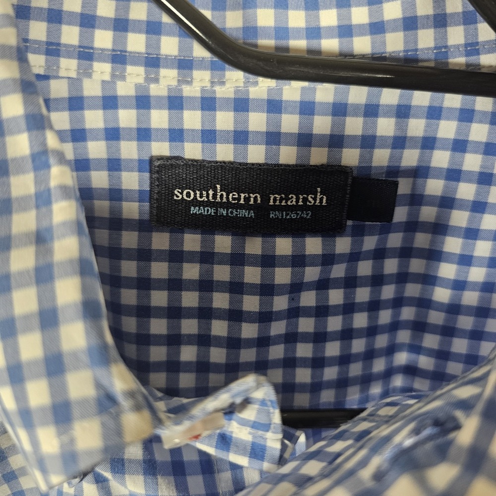 Southern Marsh Long Sleeve Button Down Gingham Check Blue/White Men's Large - Picture 3 of 9
